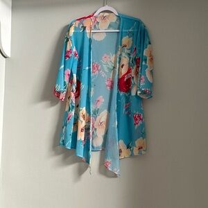Cardigan Kimono Blue Floral Women's M-L Open Front 3/4 Sleeves Duster 3649